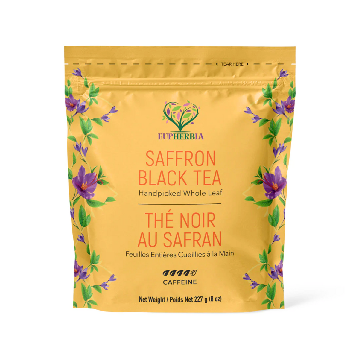 Saffron Black Tea, Handpicked, Highland Grown Whole Leaf Tea, Enriched with 3 Grams of Premium Saffron Threads, Brisk, Earthy, Aromatic, 227g (8 oz)